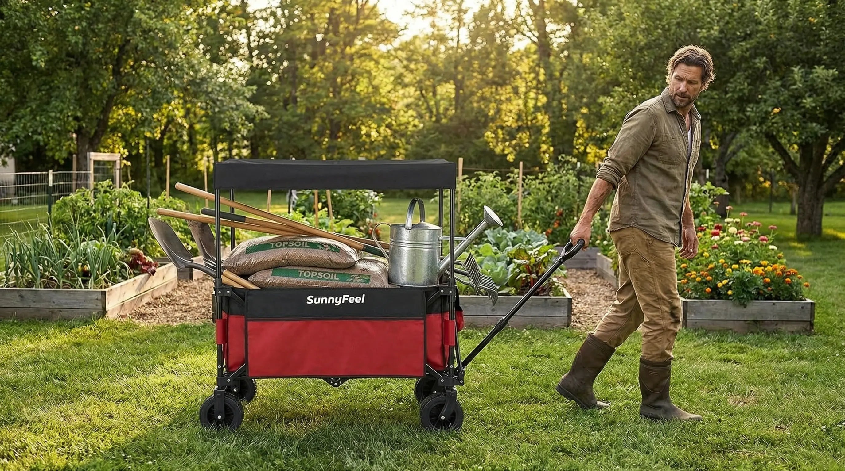 Man pushing a SunnyFeel folding wagon in a garden with gardening tools and supplies.