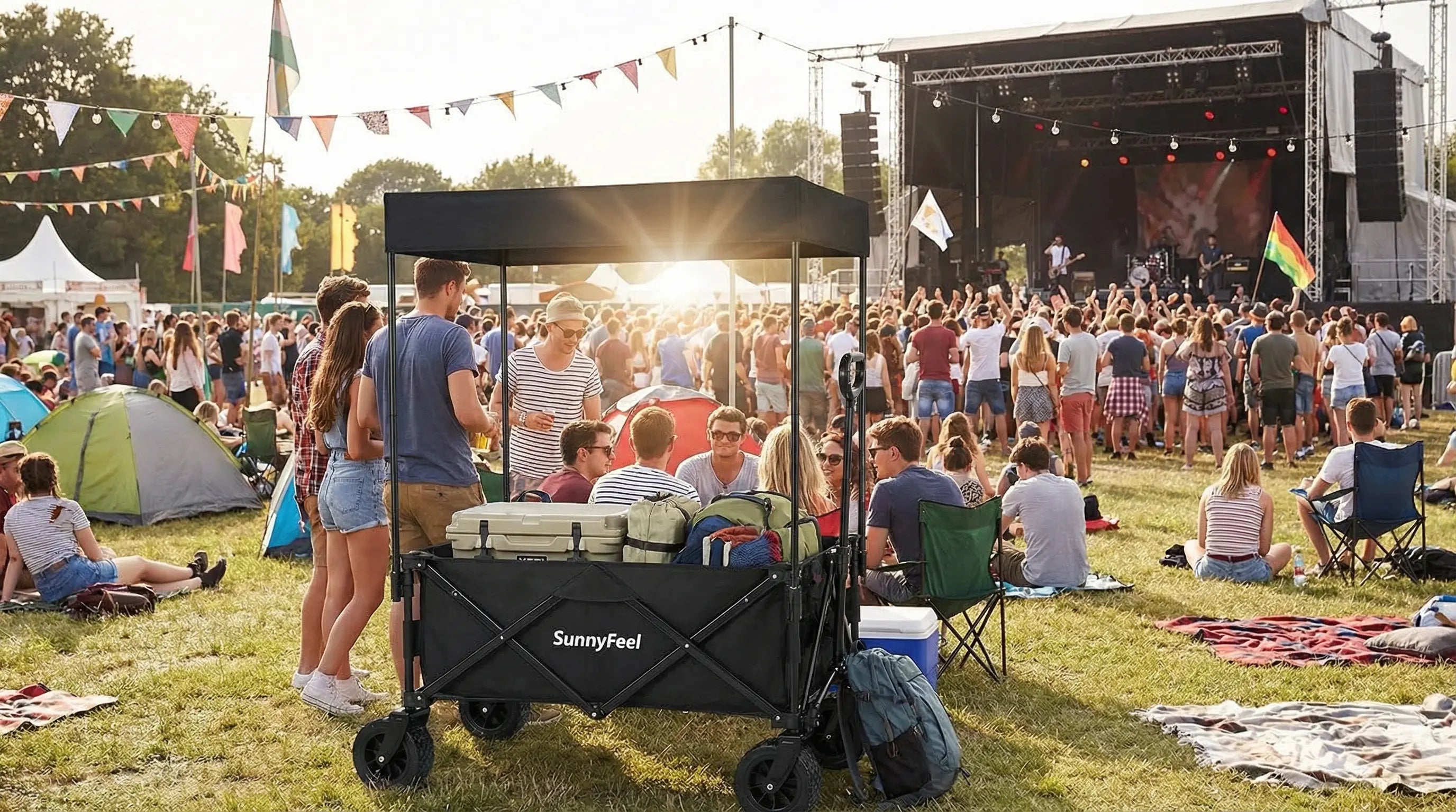 Outdoor concert or festival with people, a stage, and a Sunnyfeel wagon.