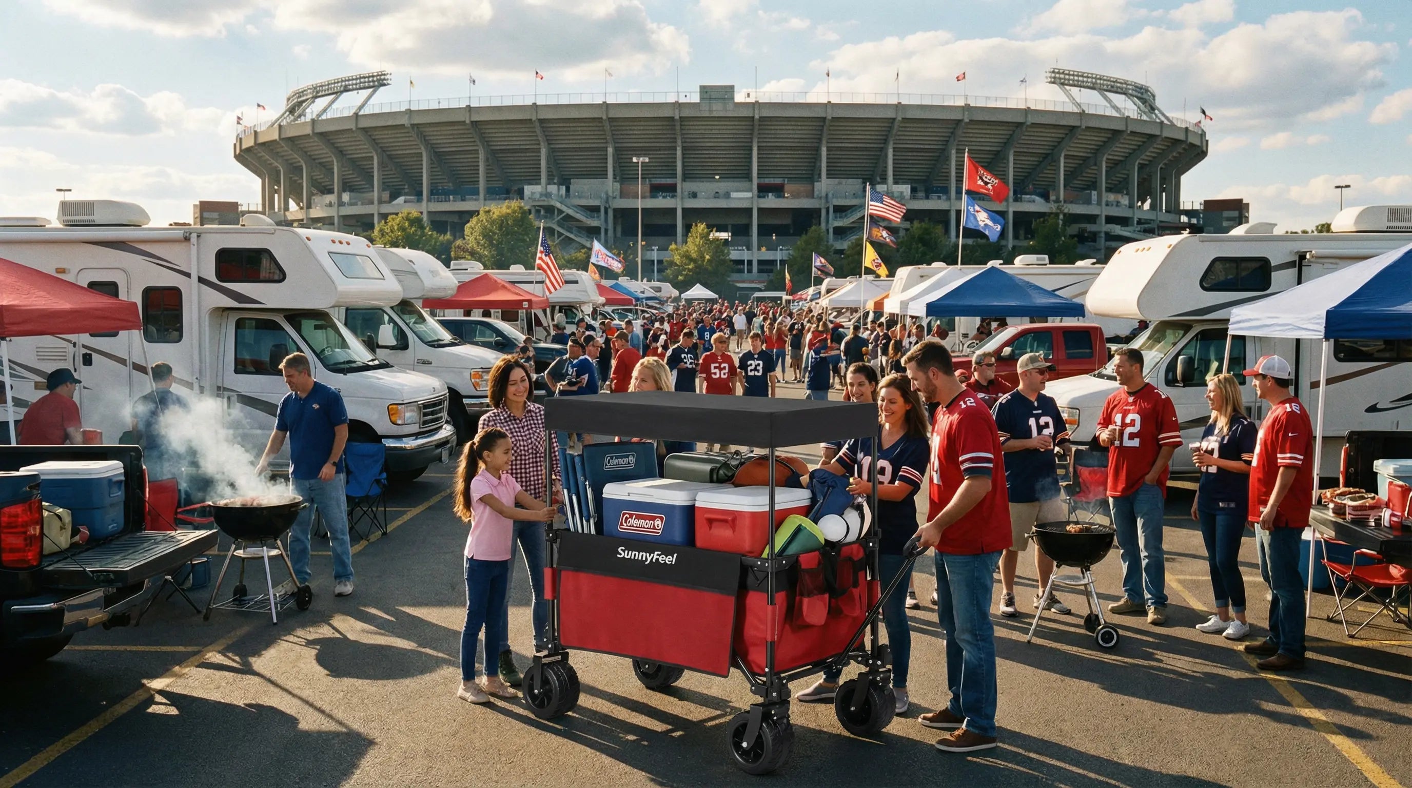 People tailgating at a sports event with RVs and flags in the background