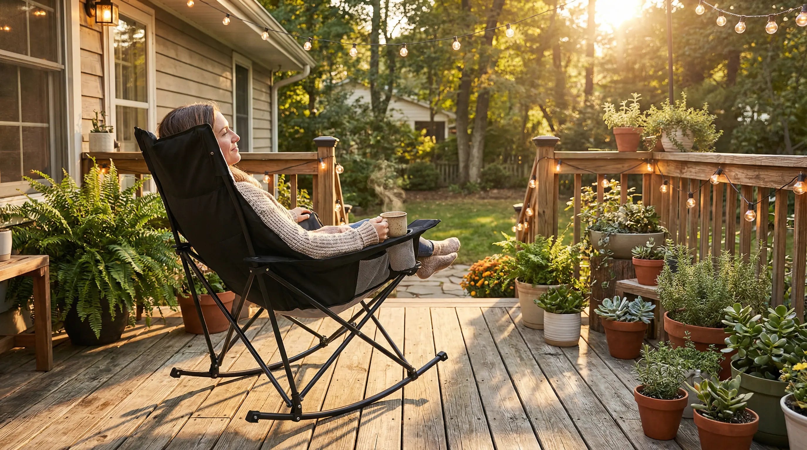 Person sitting on a deck with plants and a sunset