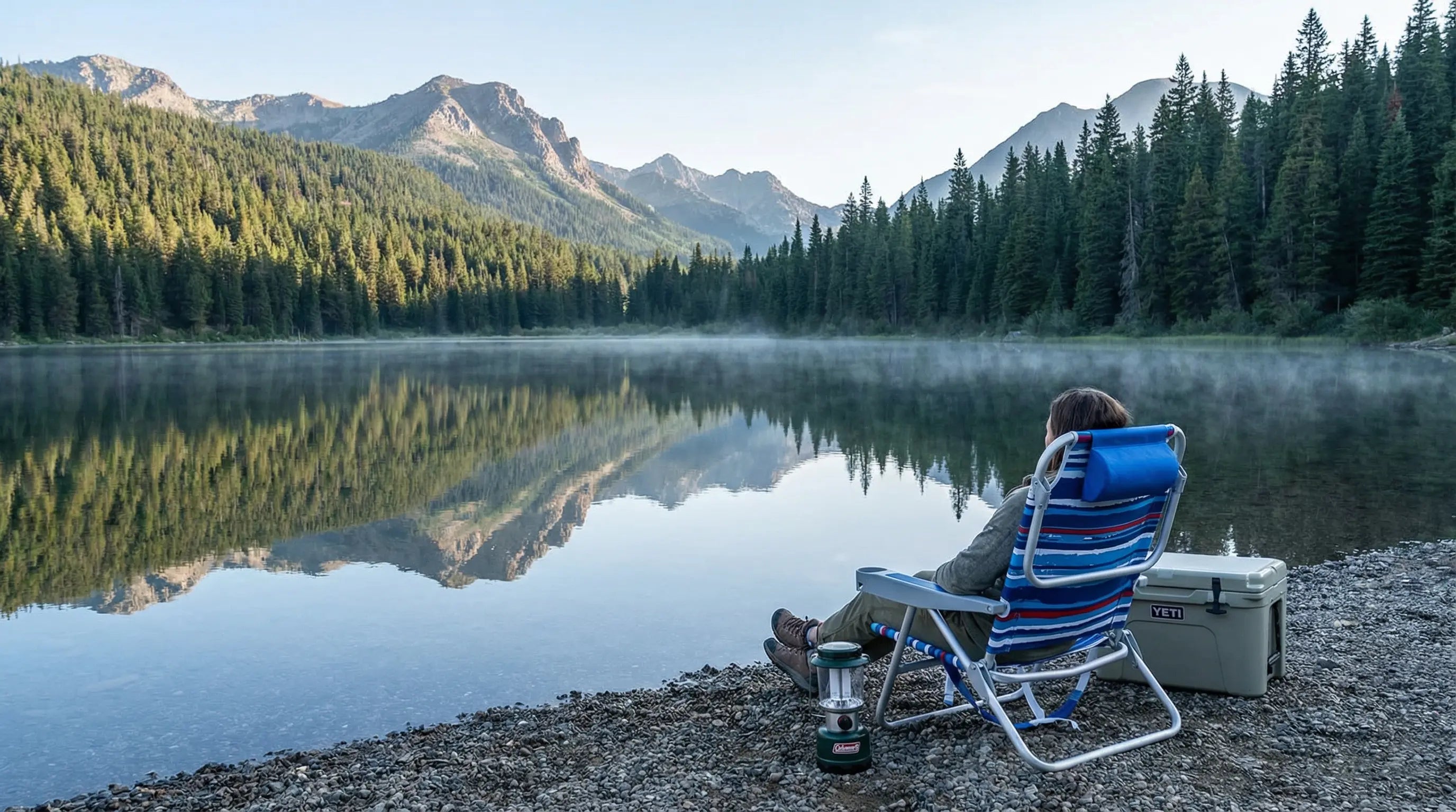 Person sitting in a folding chair by a lake with mountains in the background