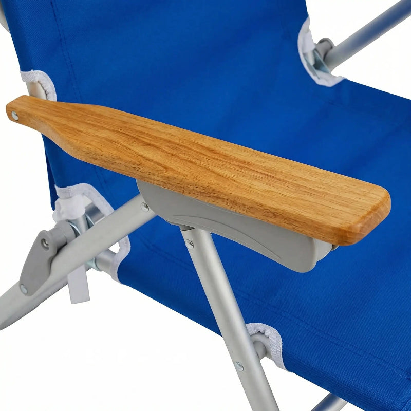 Blue folding chair with a wooden armrest on a white background