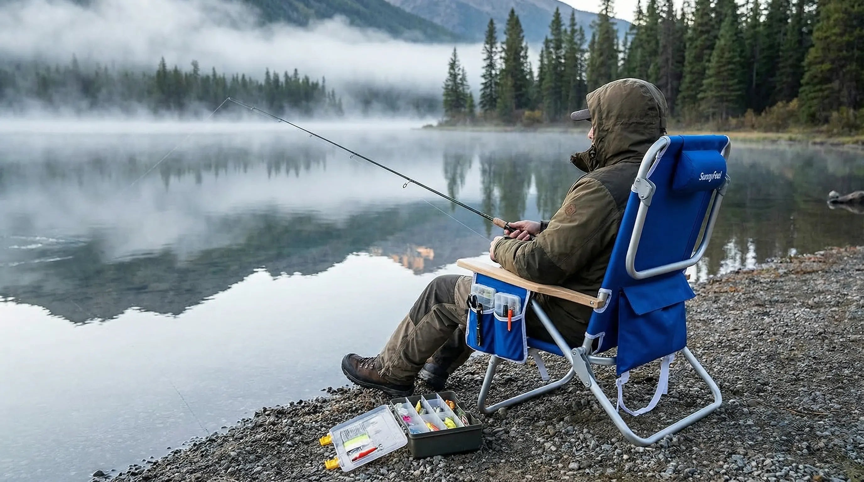 Person fishing by a lake with a blue folding chair and fishing gear.
