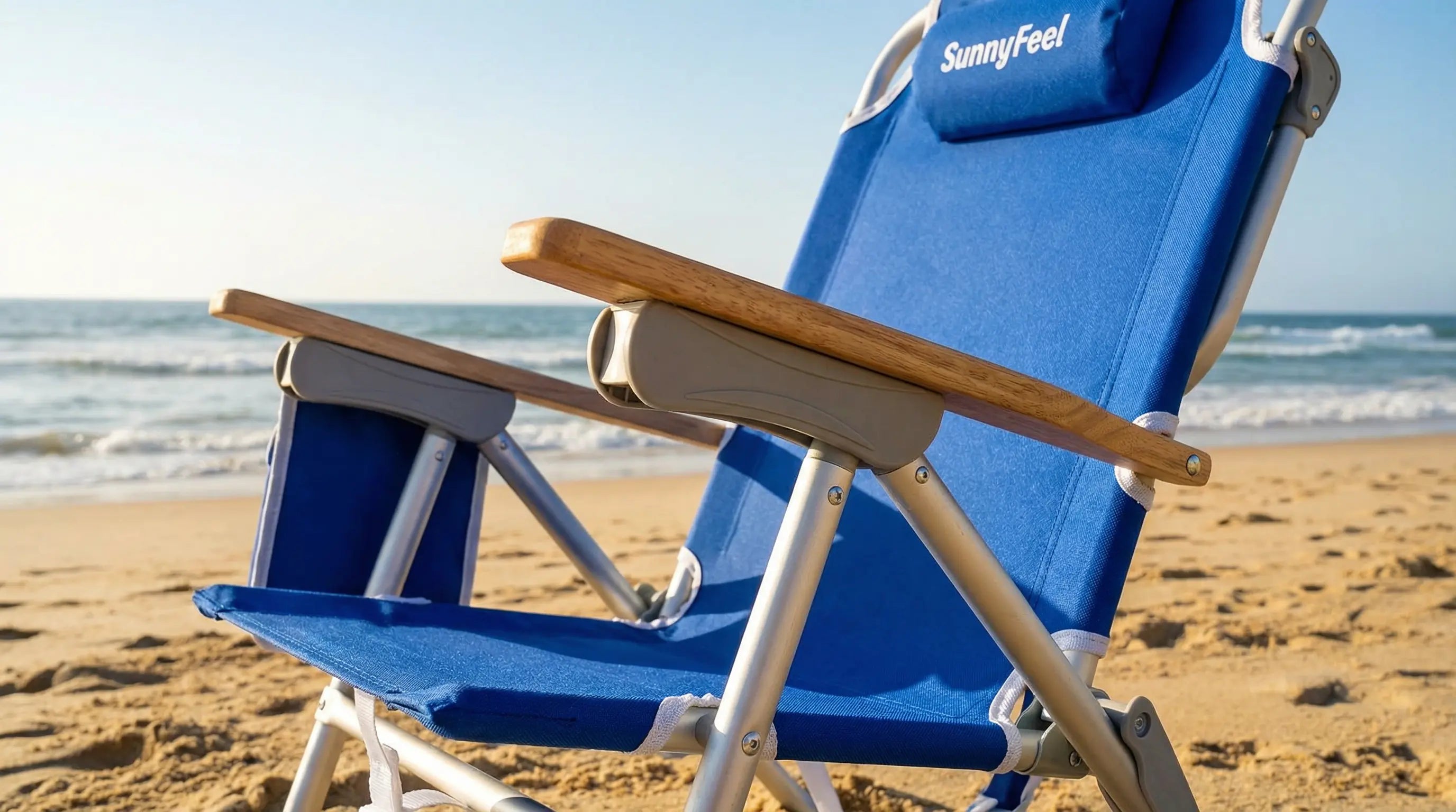 Blue beach chair with wooden armrest on a sandy beach with ocean waves in the background