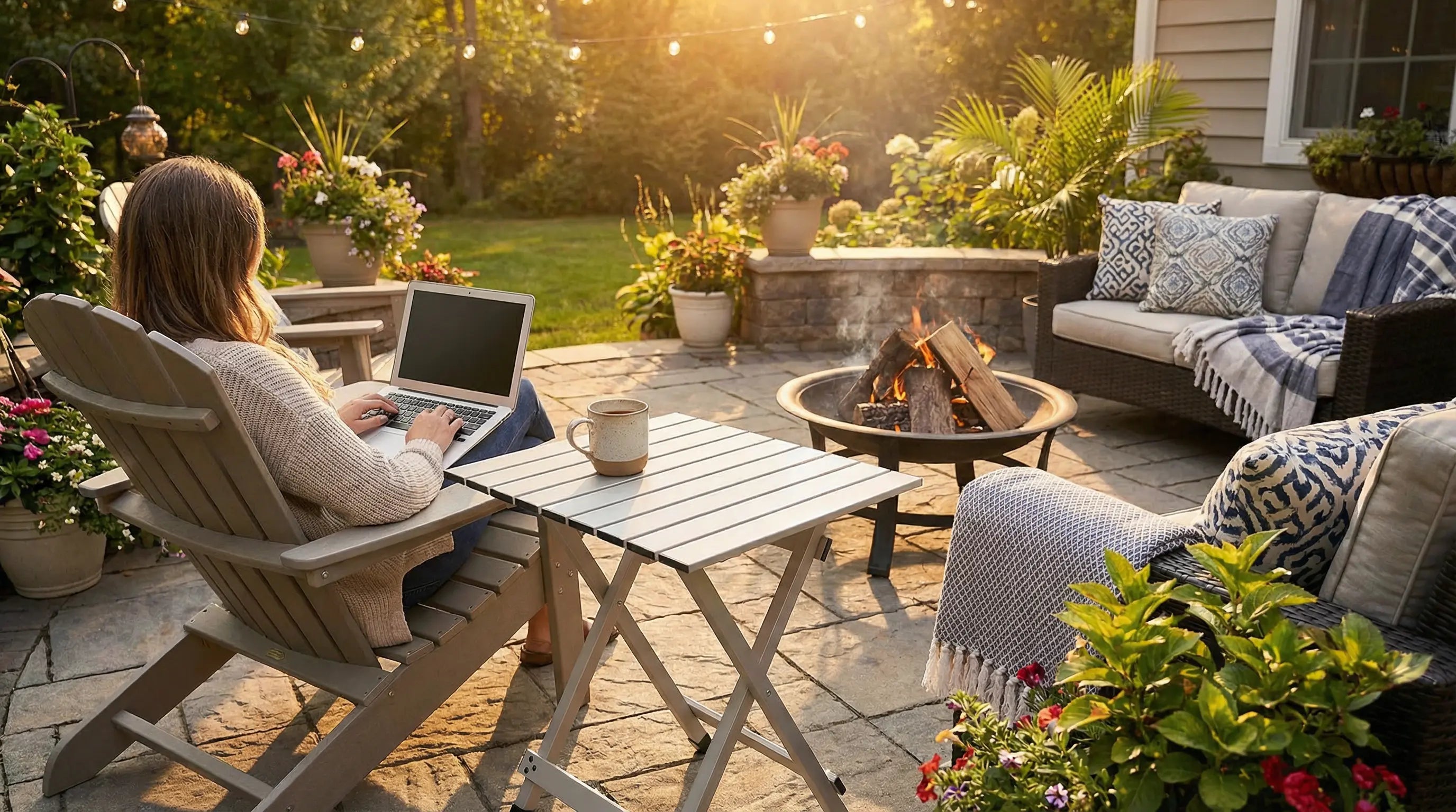 Woman using a laptop on a patio with a fire pit and outdoor furniture.