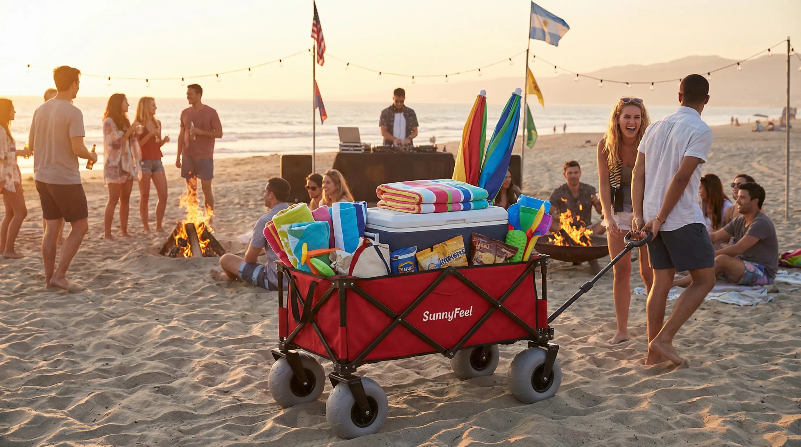 Beach party with people around a fire, colorful towels, and a SunnyLife cooler on a beach cart.