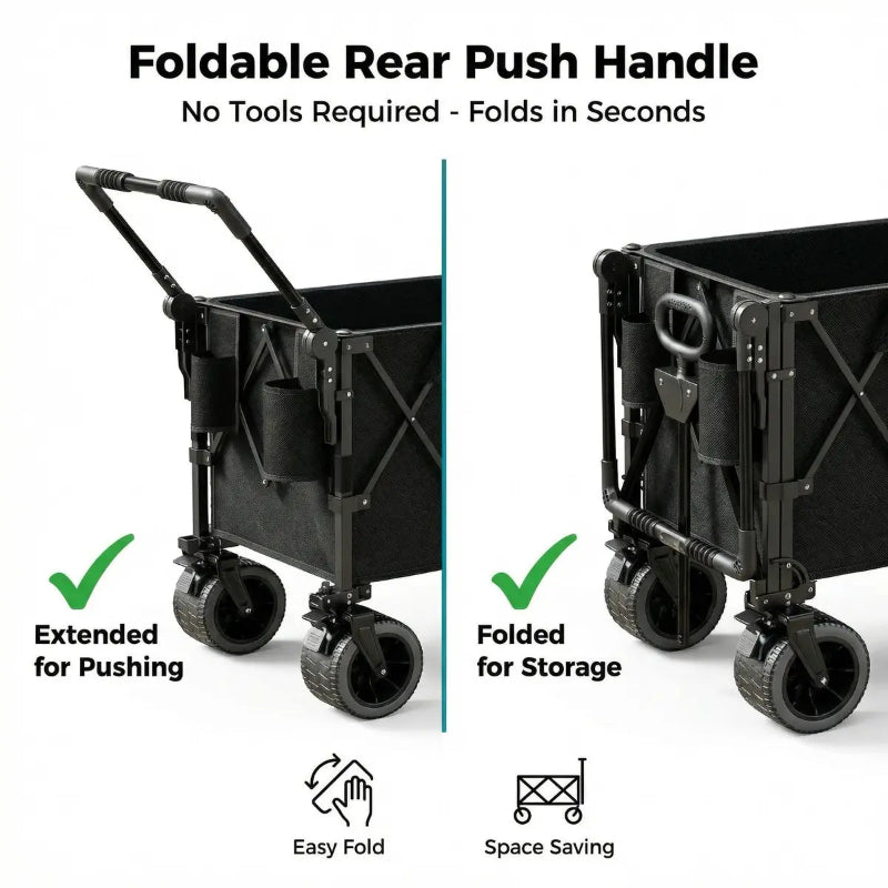 Black folding cart with extendable rear push handle on a white background