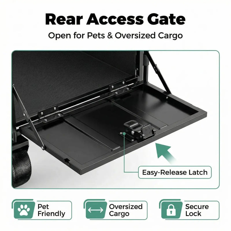Rear access gate for vehicles with features highlighted on a white background