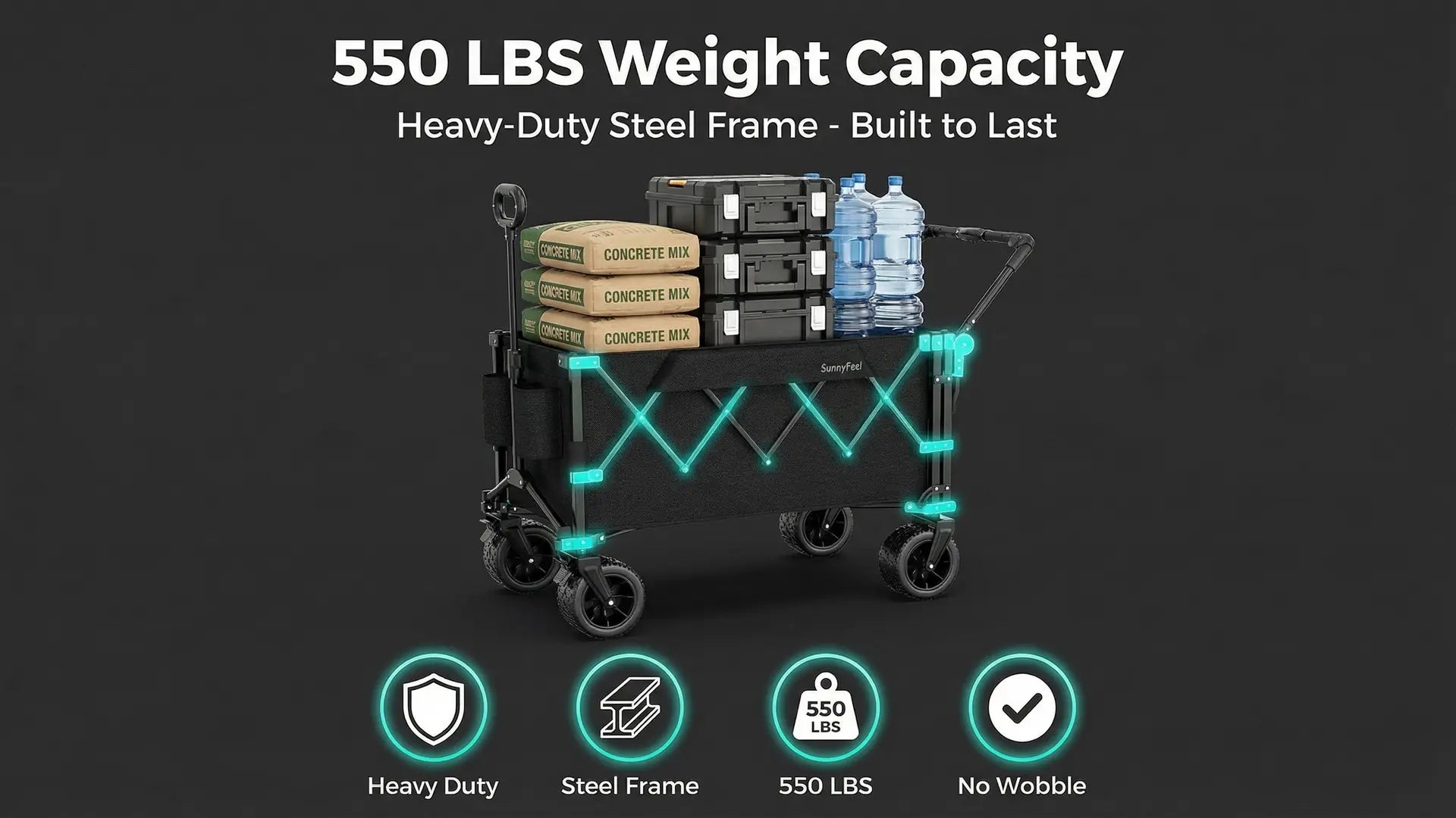 Heavy-duty steel frame cart with 550 lbs weight capacity on a dark background