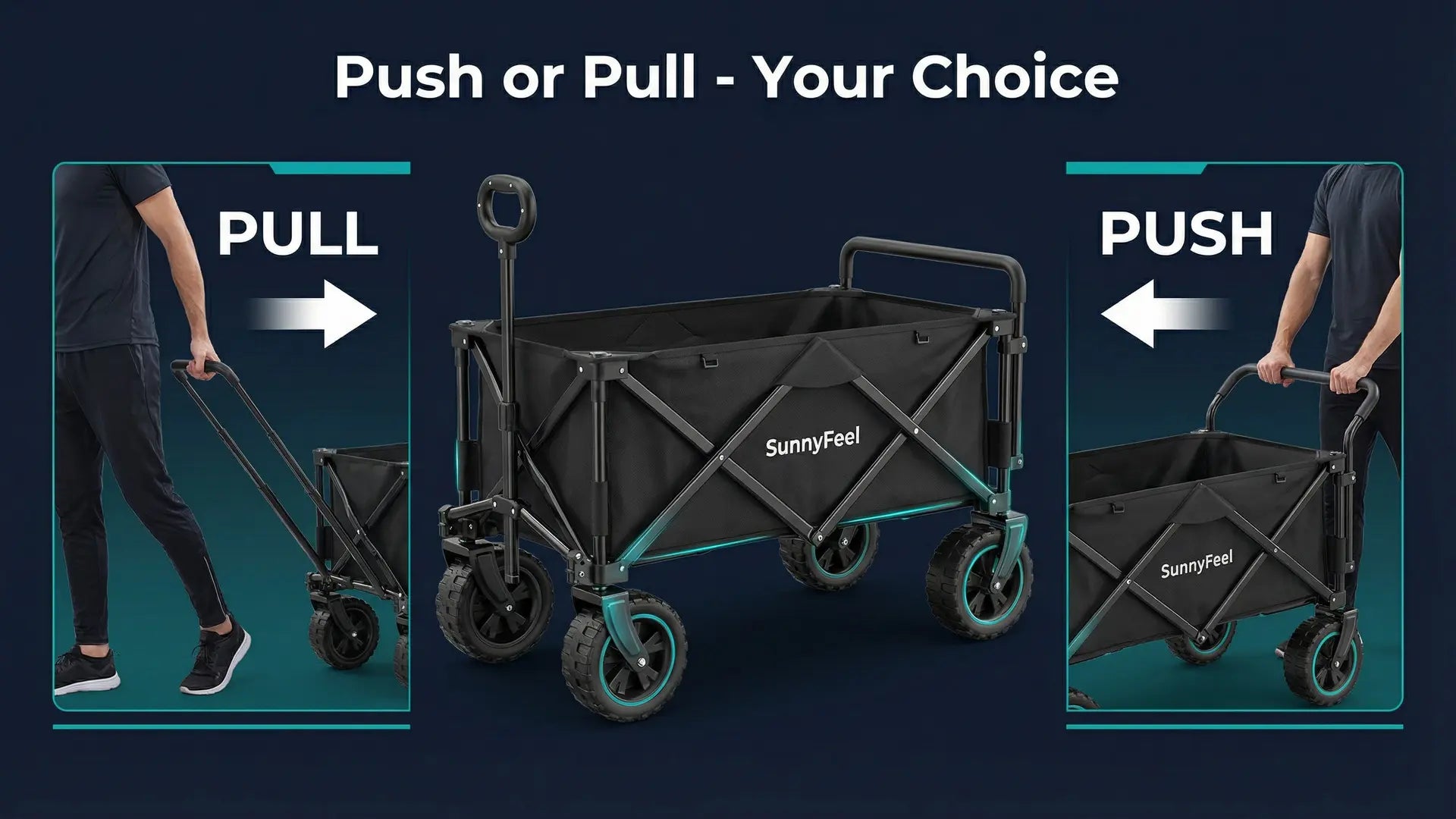Sunnyfeel folding wagon with push and pull options on a dark background