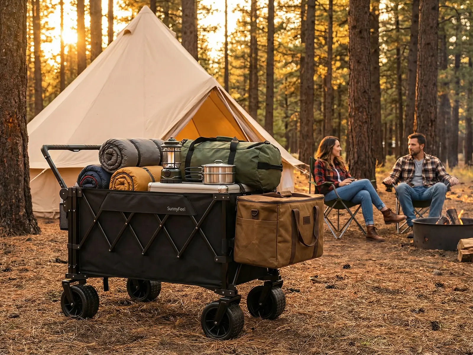 Camping scene with a tent, cart, and people in a forest setting.