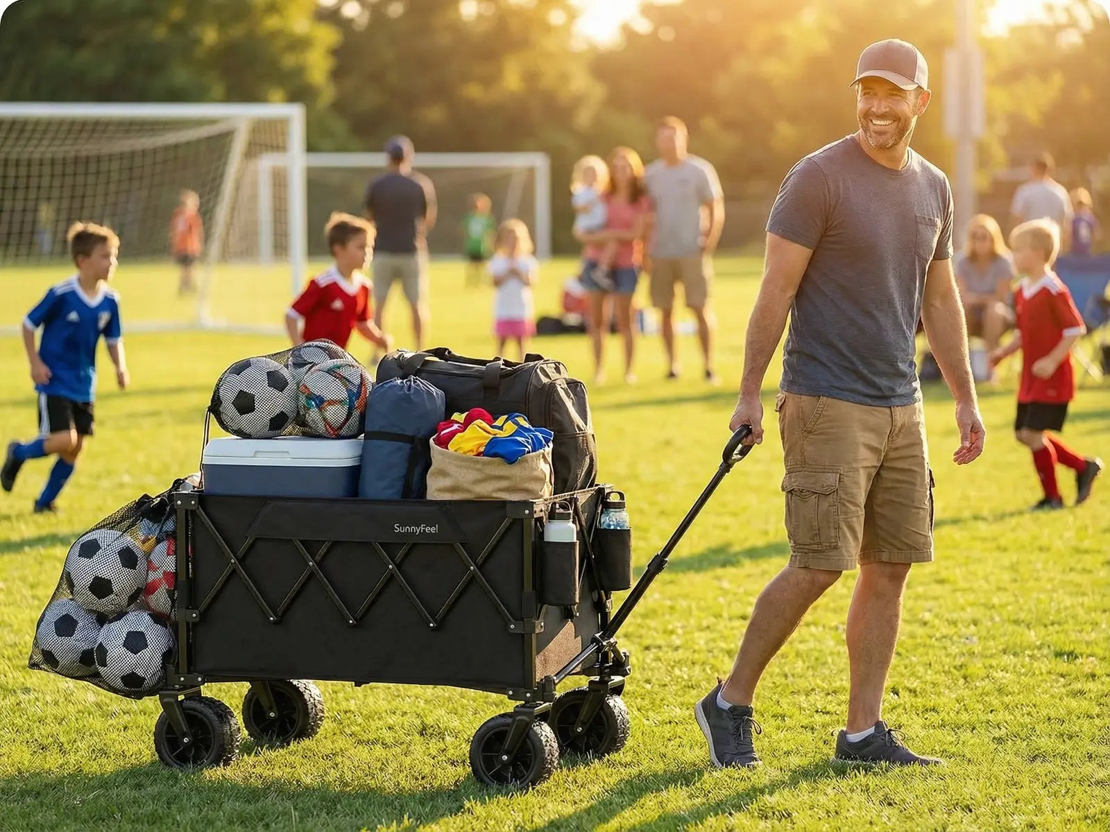 Man pushing a cart full of soccer equipment on a soccer field with children playing in the background.
