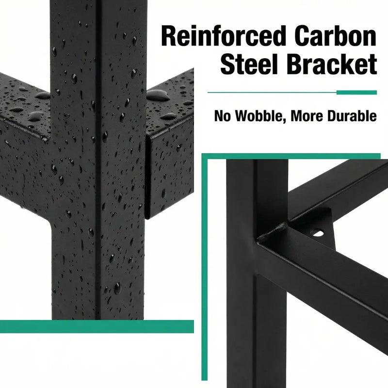 Reinforced carbon steel bracket with text highlighting durability and stability.