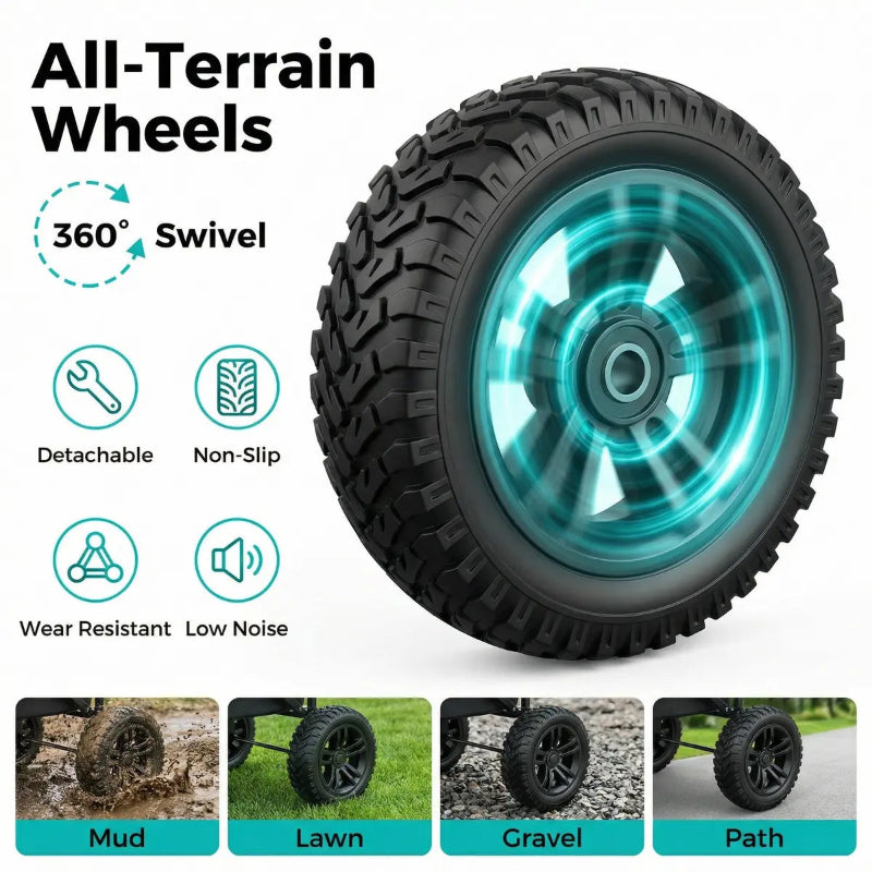 All-terrain wheel with features and uses on a white background
