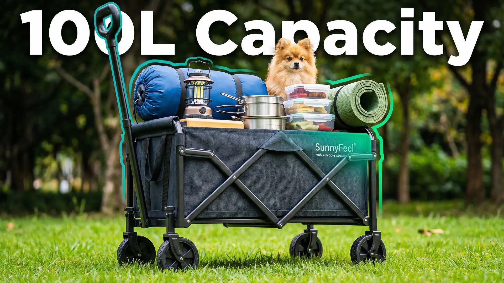 SunnyFeel wagon with camping gear and a dog on grass