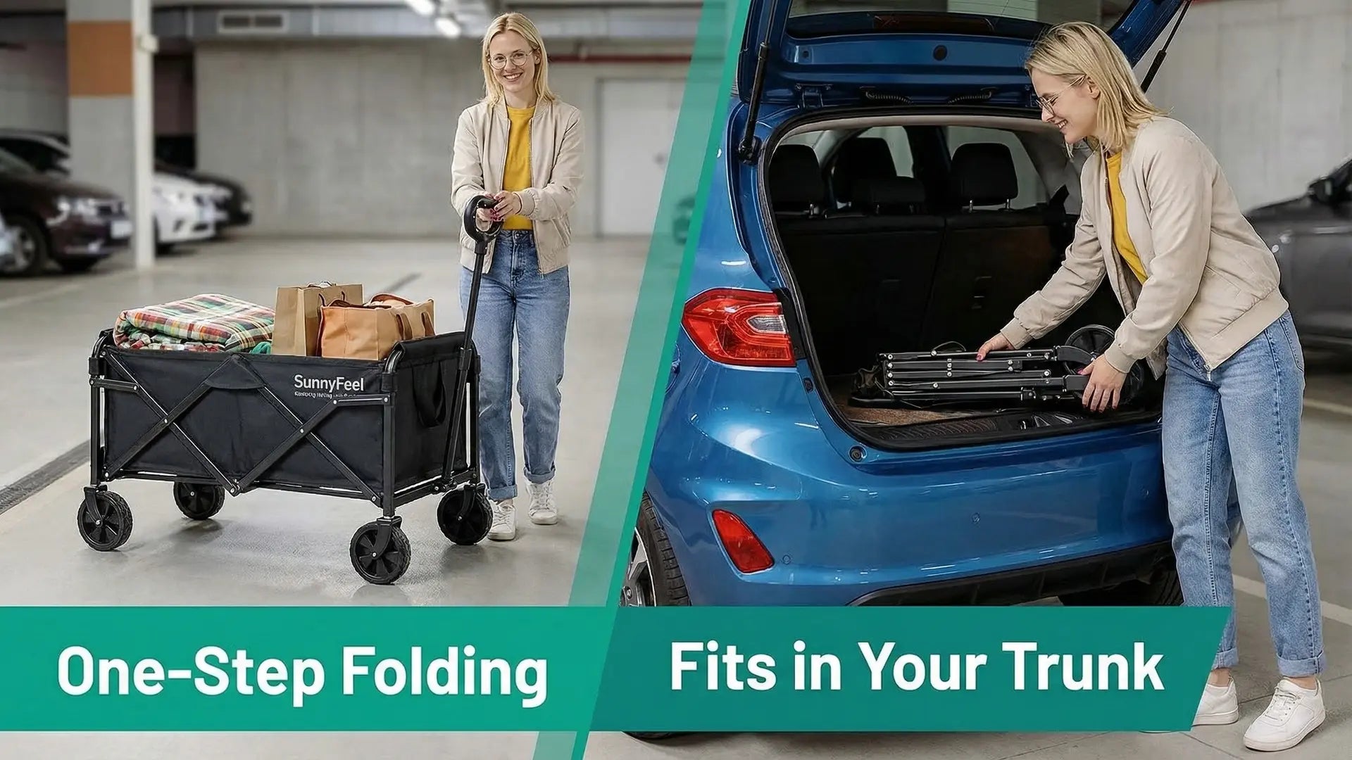 Woman with a folding cart and another woman with a toolbox in a car trunk, with text 'One-Step Folding' and 'Fits in Your Trunk'.
