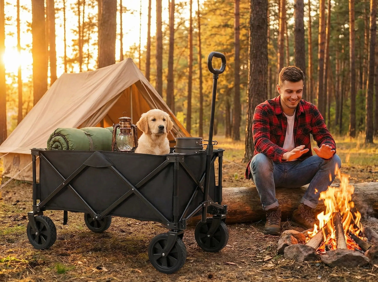 Man and dog by a campfire with a wagon full of camping supplies in a forest.