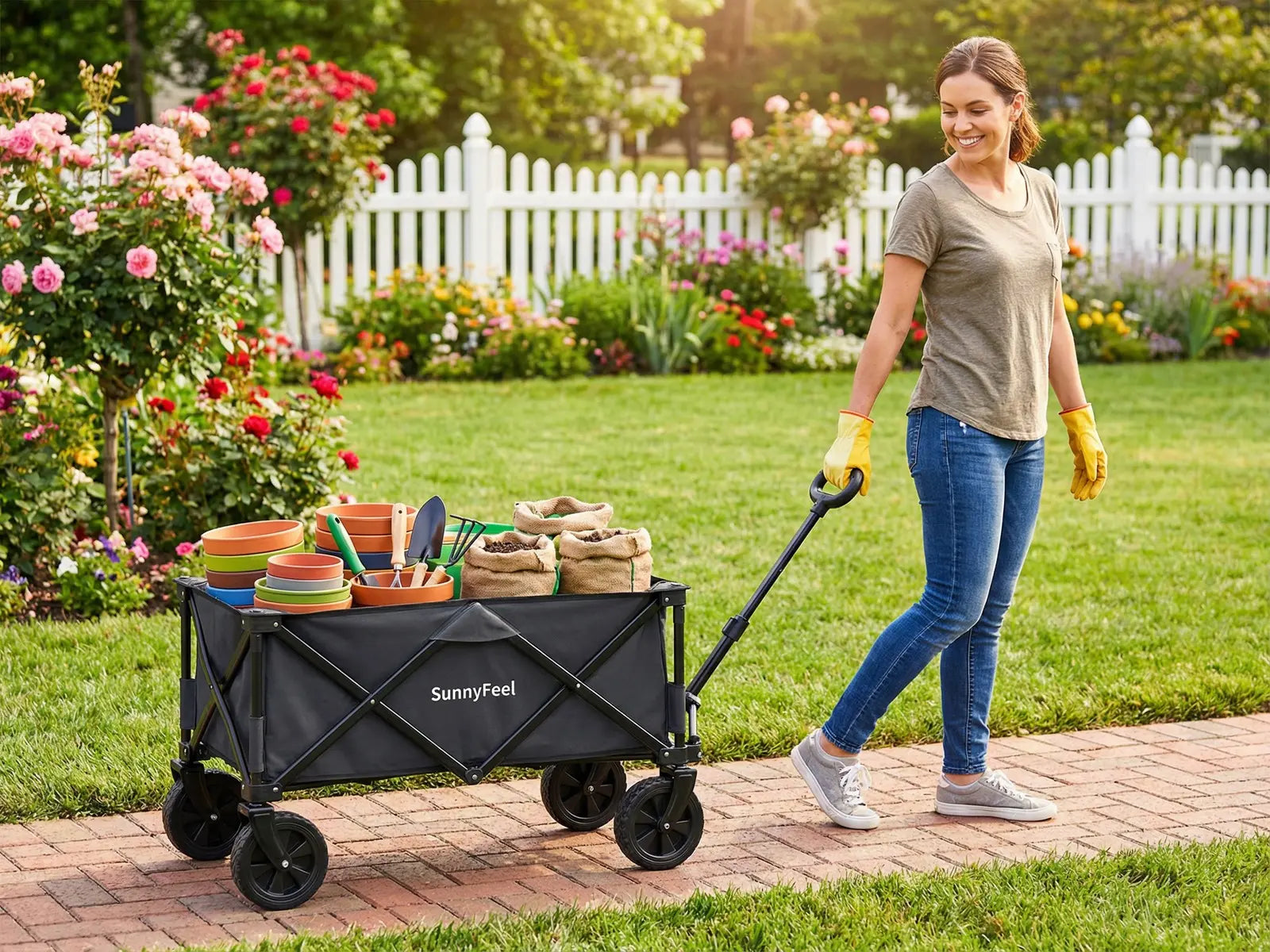 Woman pushing a Sunnyfeel folding wagon in a garden with flowers and a white picket fence.