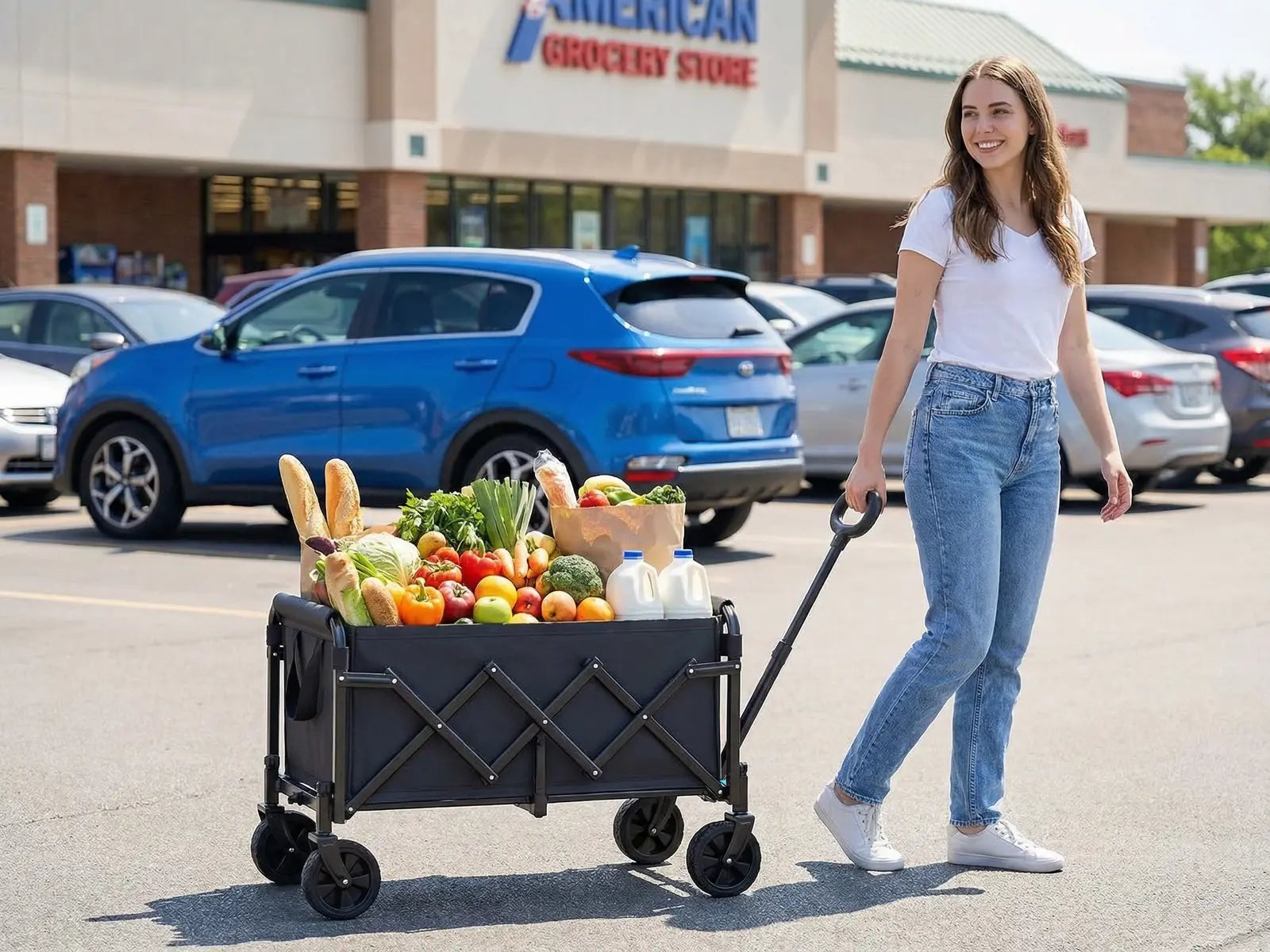 Woman pushing a cart full of groceries in front of an American Grocery Store.